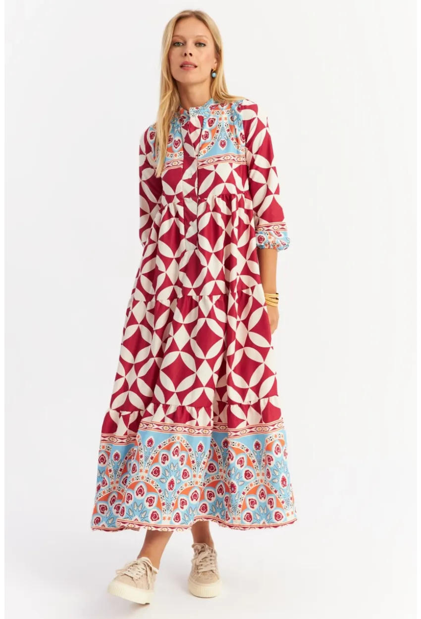 Kadın Bordo Volanlı Desenli Maxi Elbise MYLE14