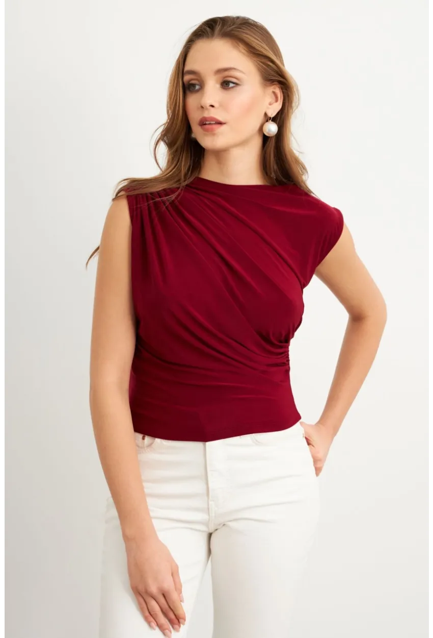 Kadın Bordo Yarım Balıkçı Desenli Bluz LPP1205