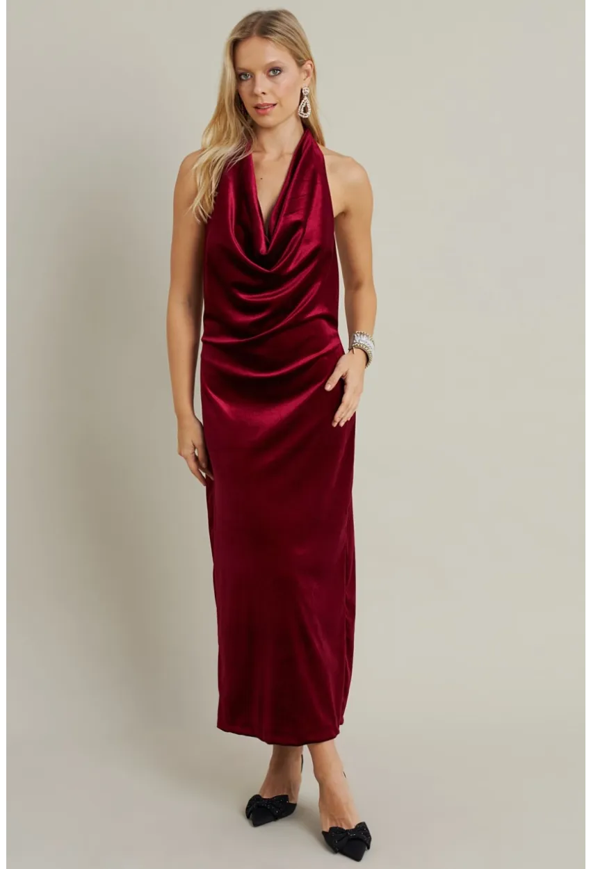 Kadın Bordo Yılbaşı Degaje Yaka Uzun Elbise GÇ197