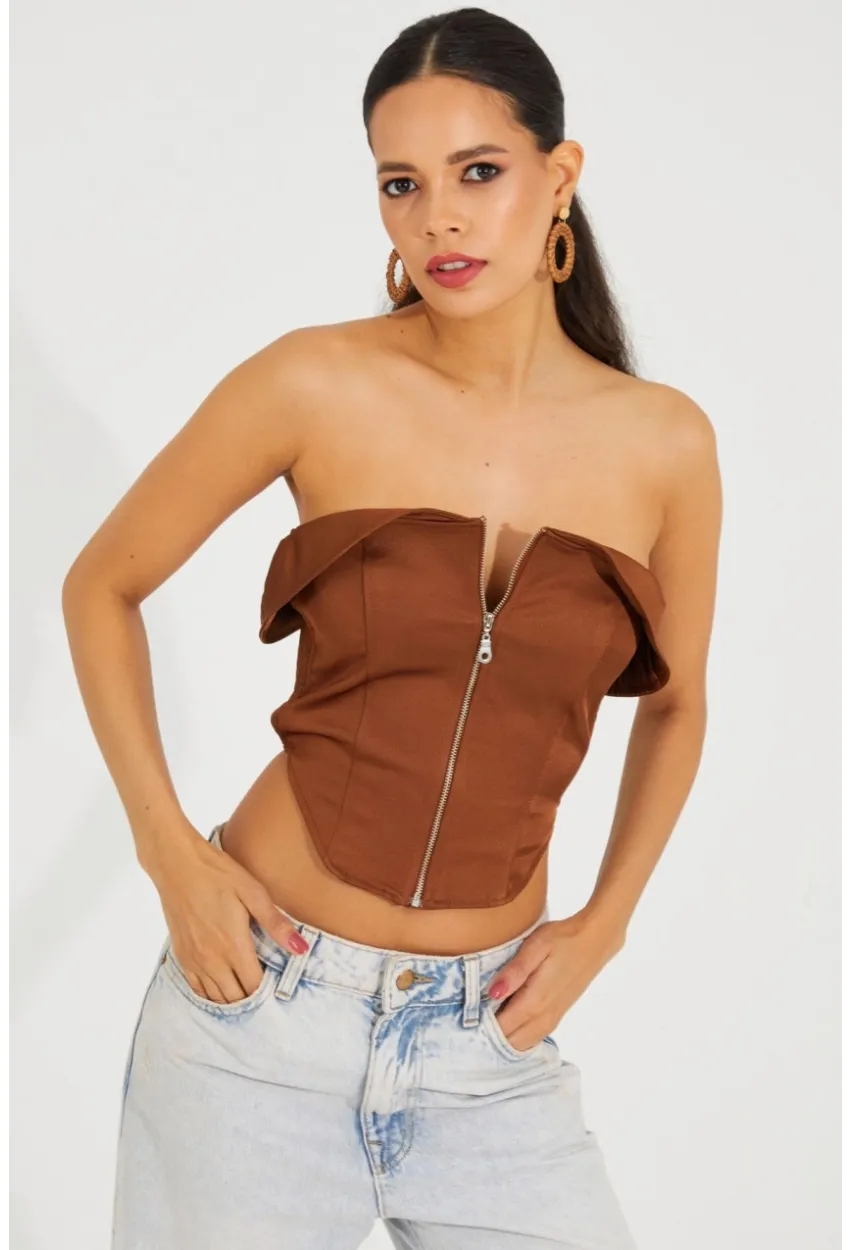 Kadın Bronz Fermuarlı Straplez Crop Bluz SF2502