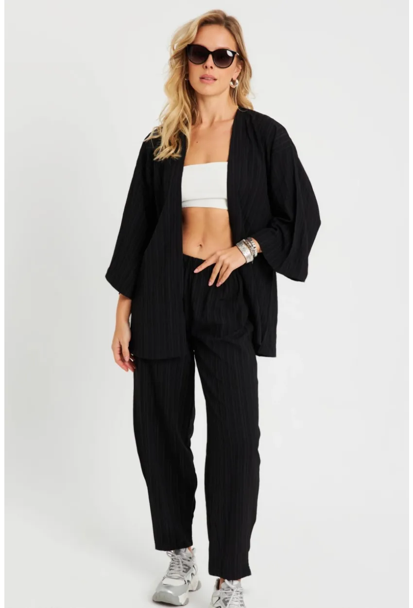 Kadın Bürümcük Kimono Takım Siyah Q983