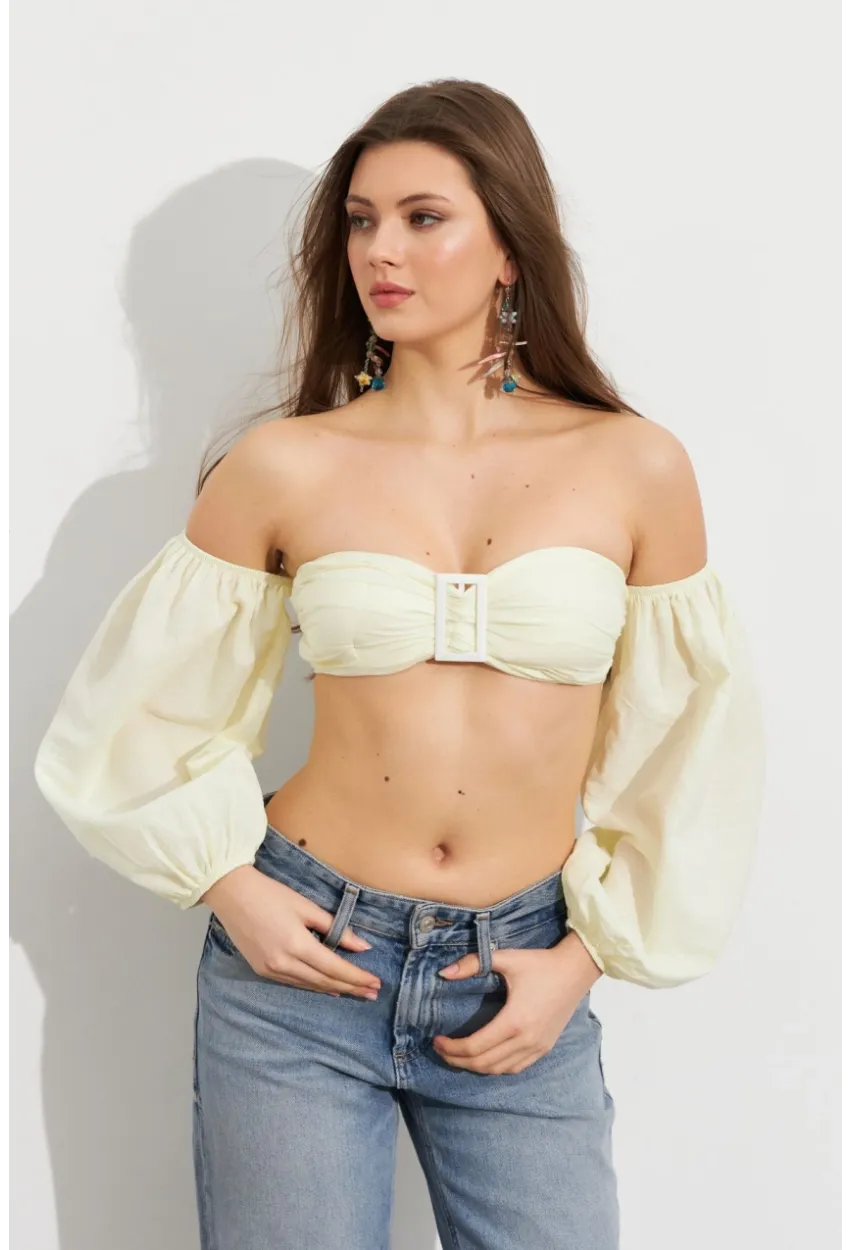 Kadın Butter Yellow Balon Kol Crop Bluz Rop111