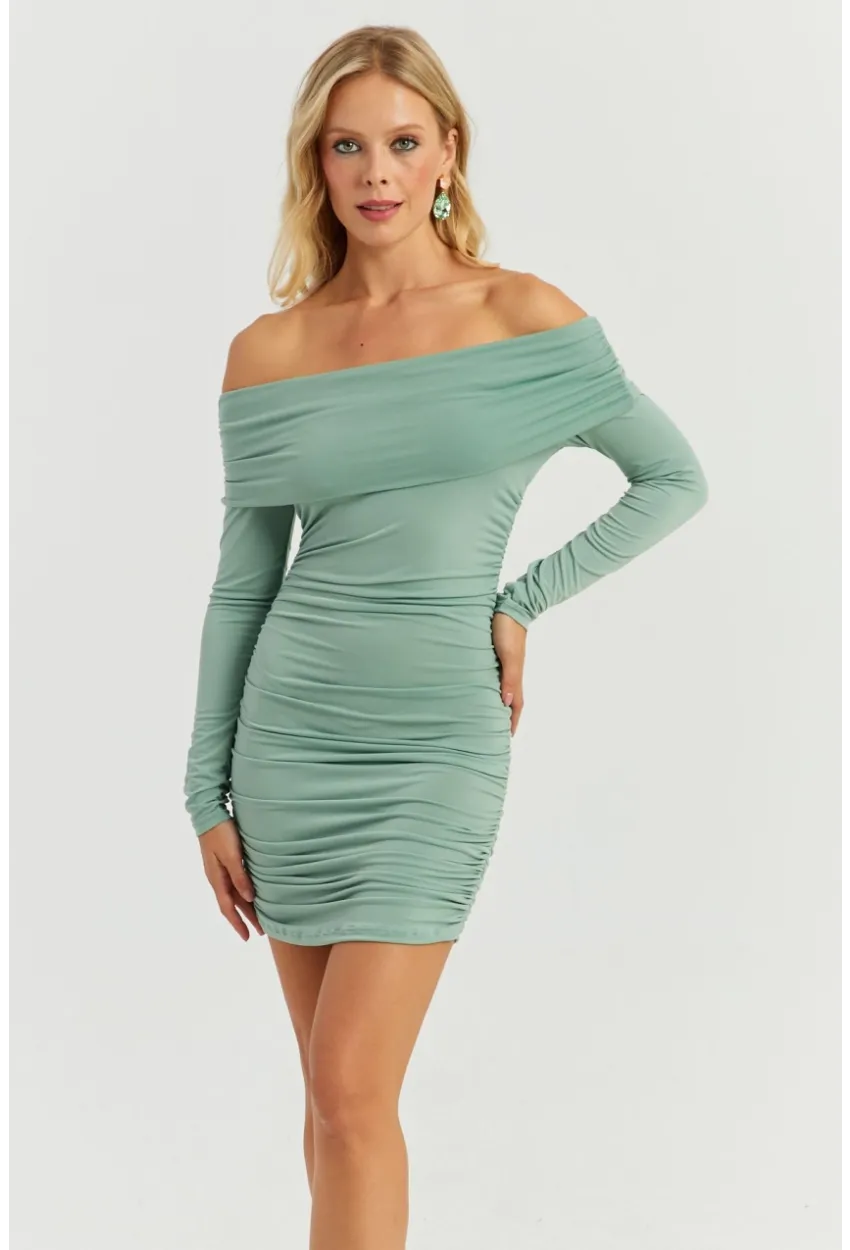Kadın Çağla Yeşili Büzgülü Madonna Mini Elbise MON1118