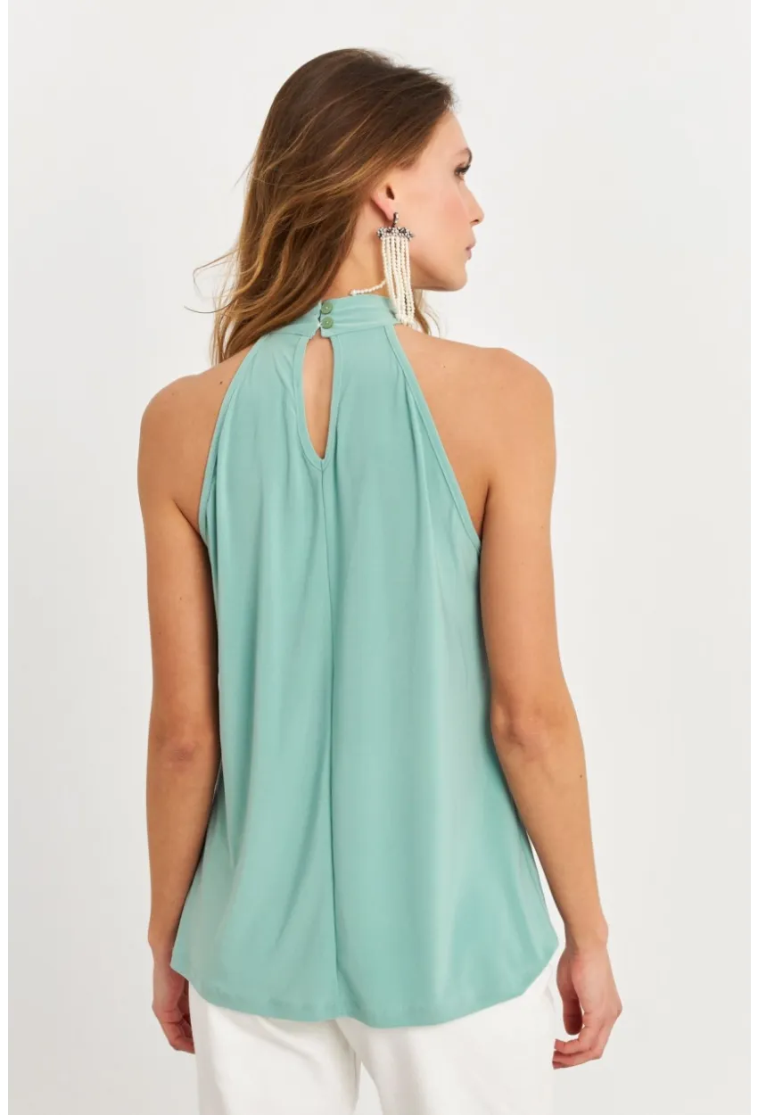 Kadın Çağla Yeşili Halter Yaka Desenli Bluz LPP1273