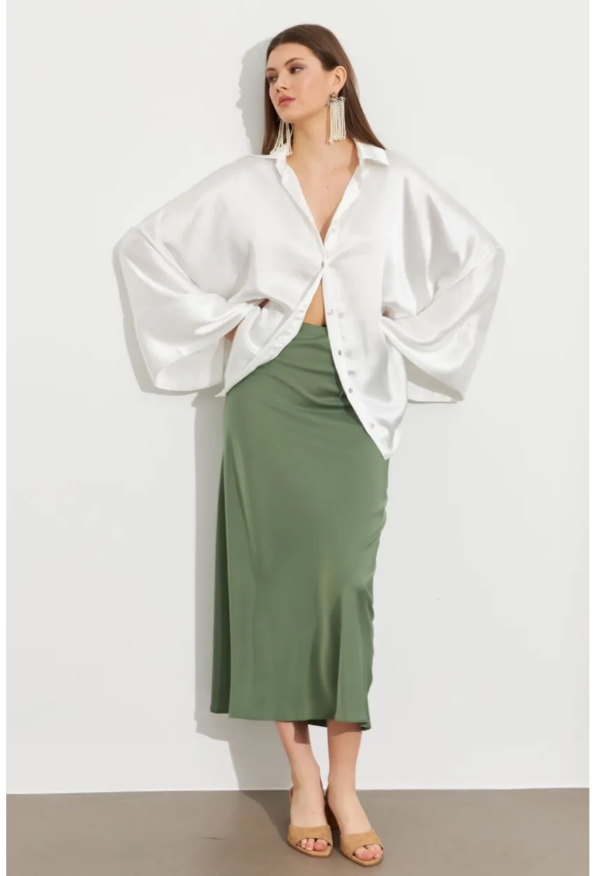 Kadın Çağla Yeşili Saten Çan Etek SE20