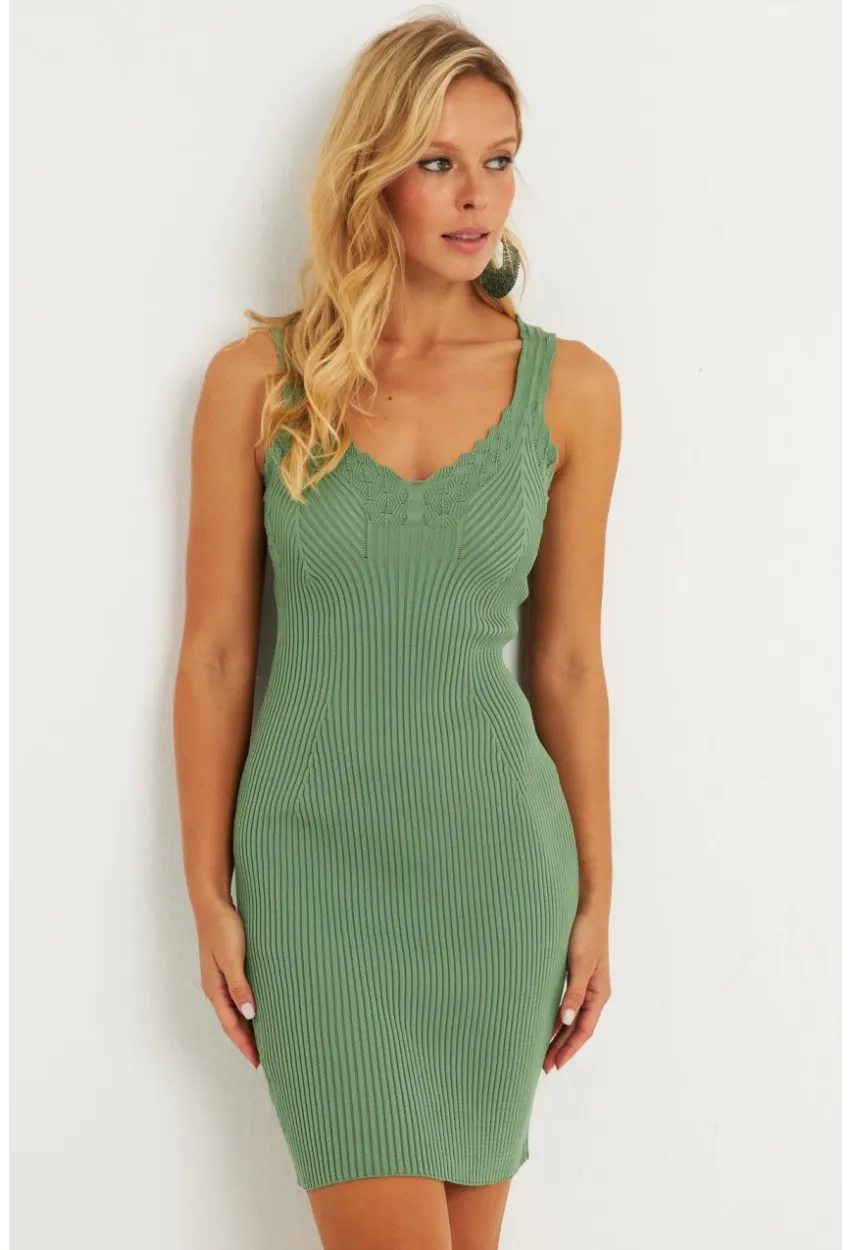 Kadın Çağla Yeşili Triko Mini Elbise SMT240