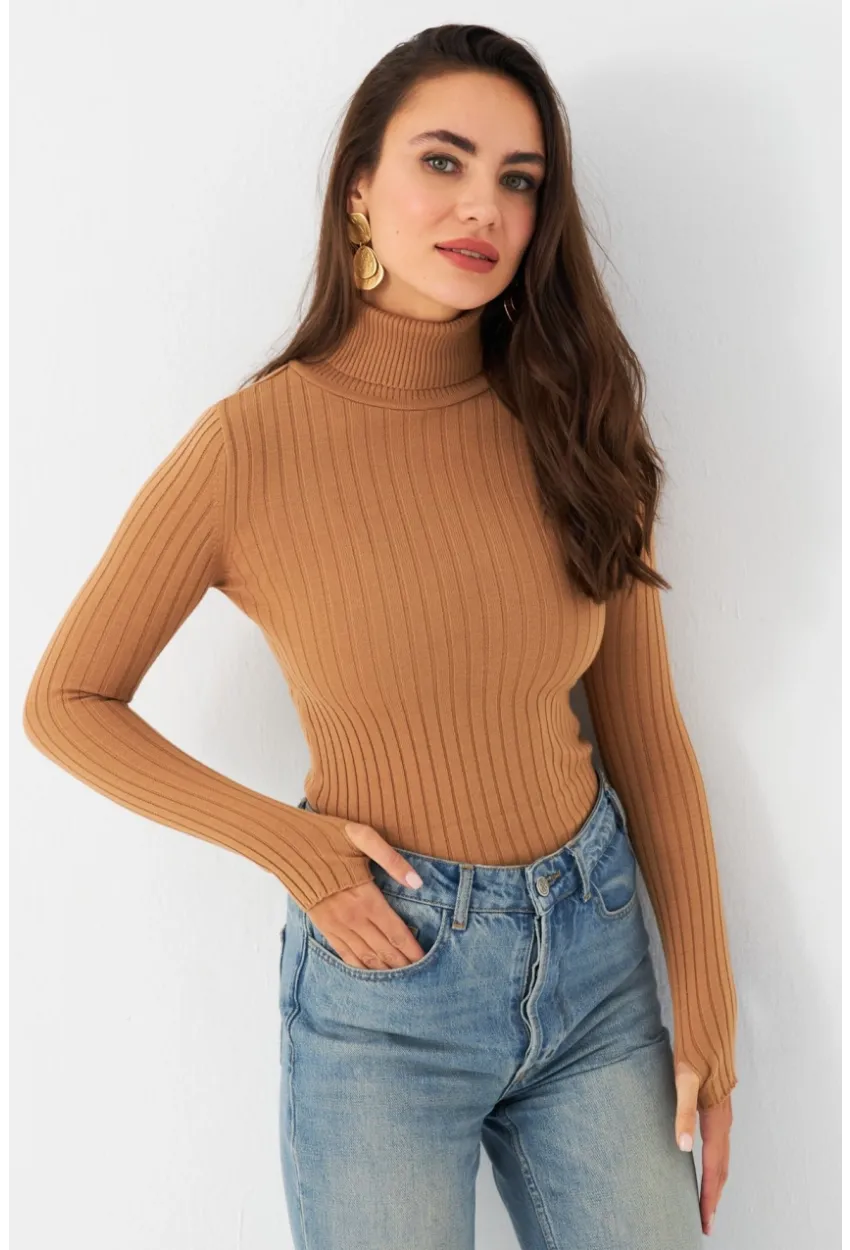 Kadın Camel Balıkçı Yaka Triko Bluz YV102-90