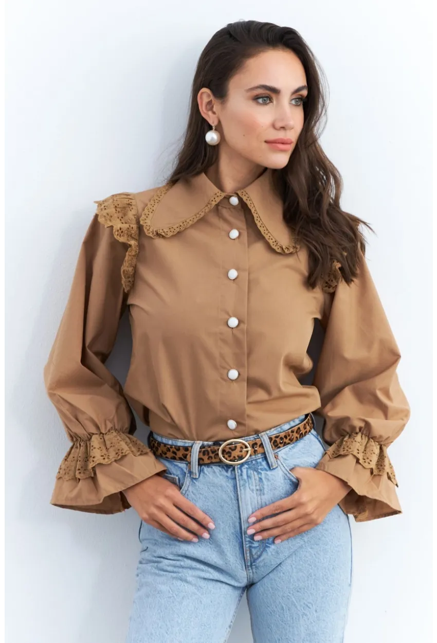 Kadın Camel Bebe Yaka Dantelli Gömlek MQS1839