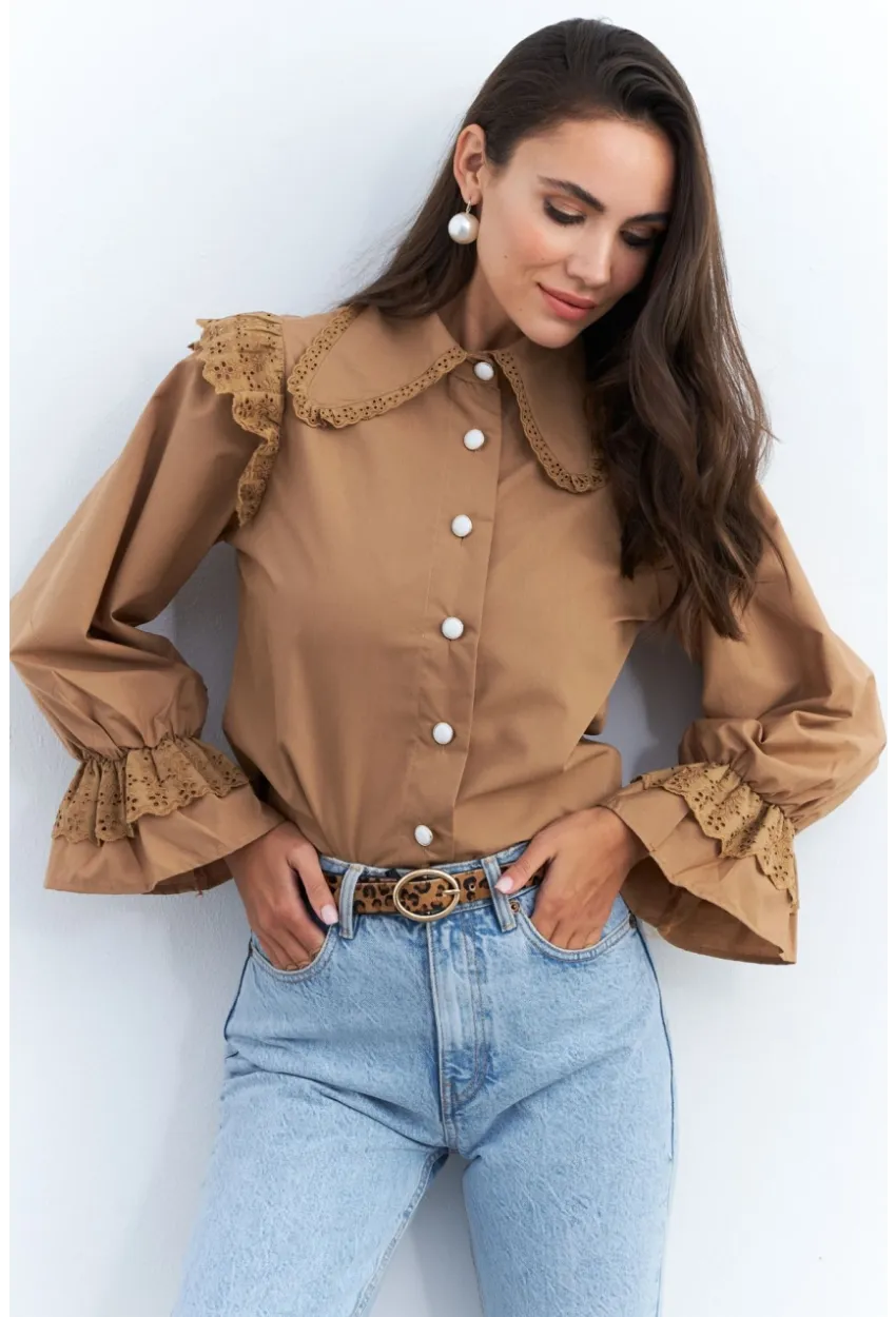 Kadın Camel Bebe Yaka Dantelli Gömlek MQS1839