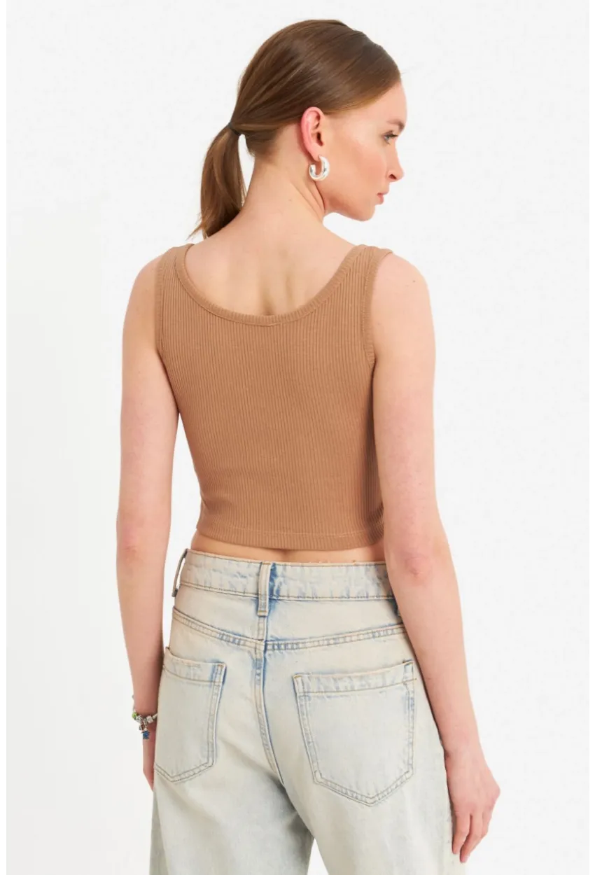 Kadın Camel Çıtçıtlı Crop Bluz YDF103