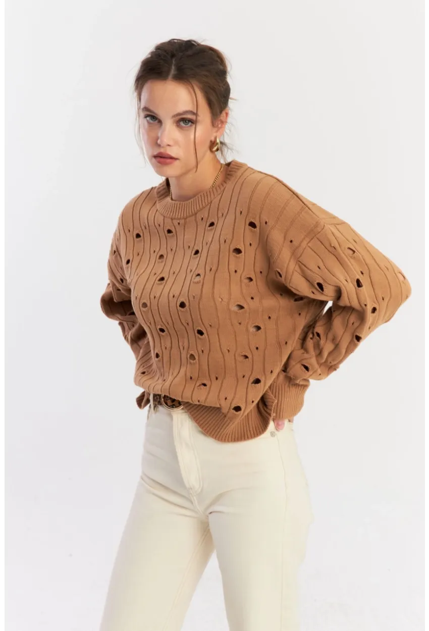 Kadın Camel Çizgili Yırtık Triko Kazak PP2342