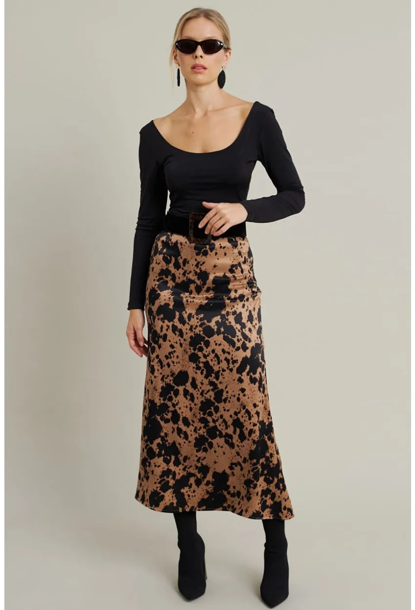 Kadın Camel Desenli Saten Etek CAR1060