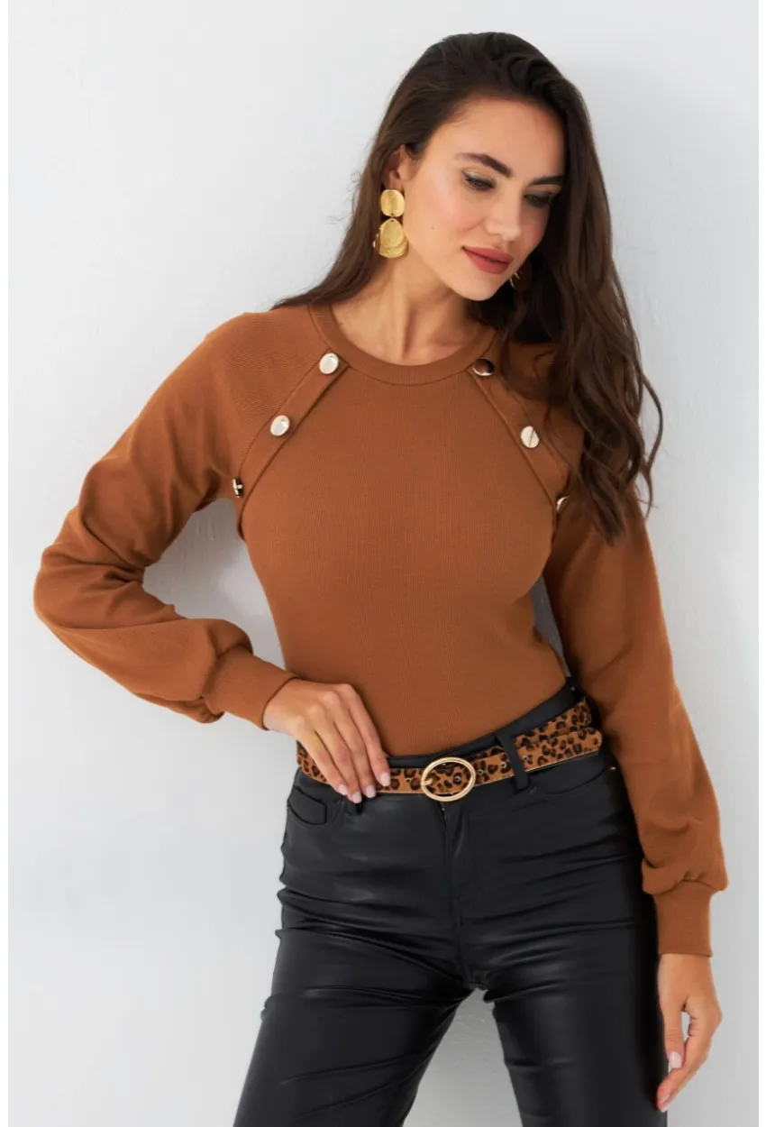 Kadın Camel Düğme Aksesuarlı Kaşkorse Bluz EY2946