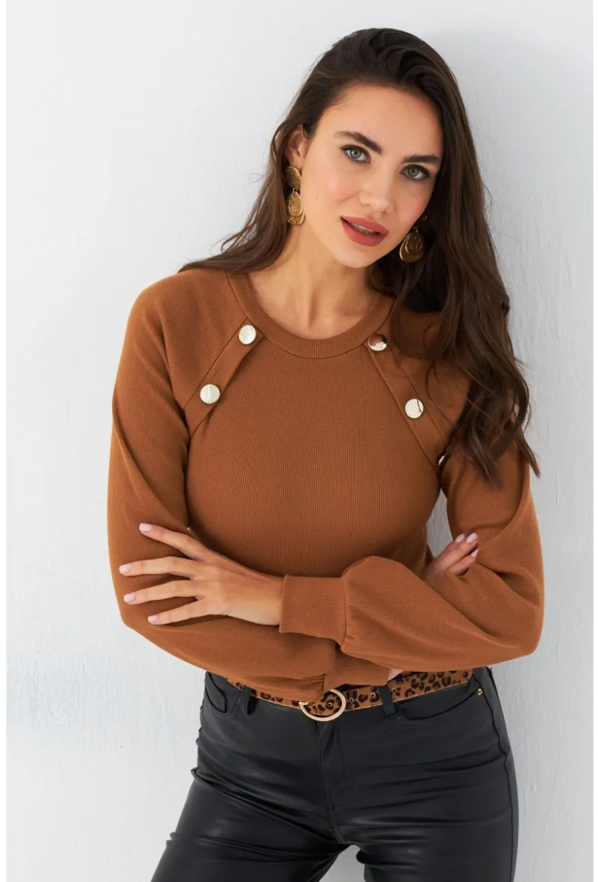 Kadın Camel Düğme Aksesuarlı Kaşkorse Bluz MEY2946