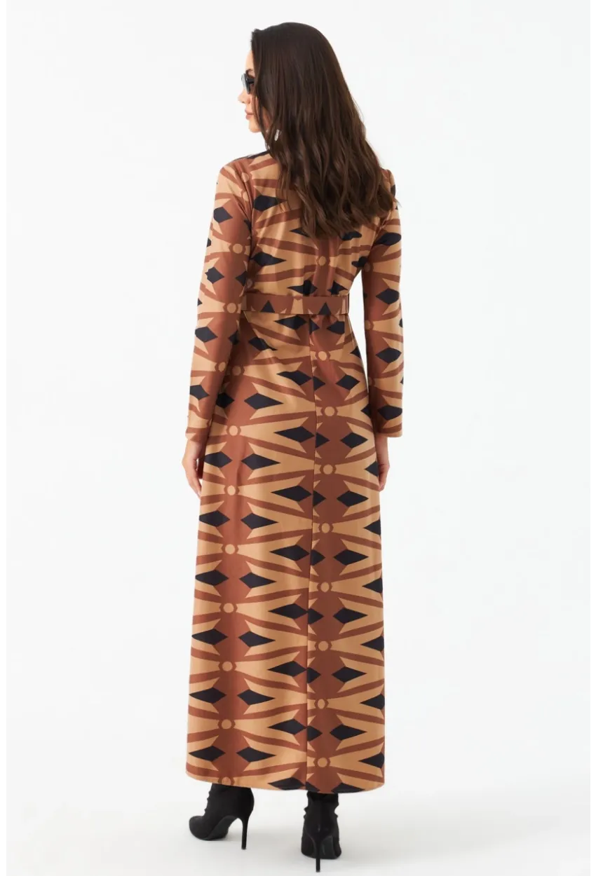 Kadın Camel Düğme Detaylı Kemerli Maxi Elbise MHAD101