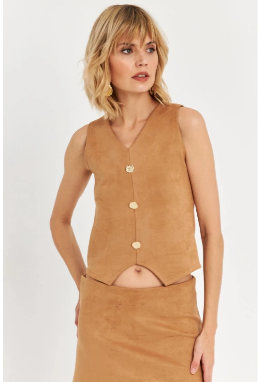 Kadın Camel Düğme Detaylı Süet Bluz KED7113