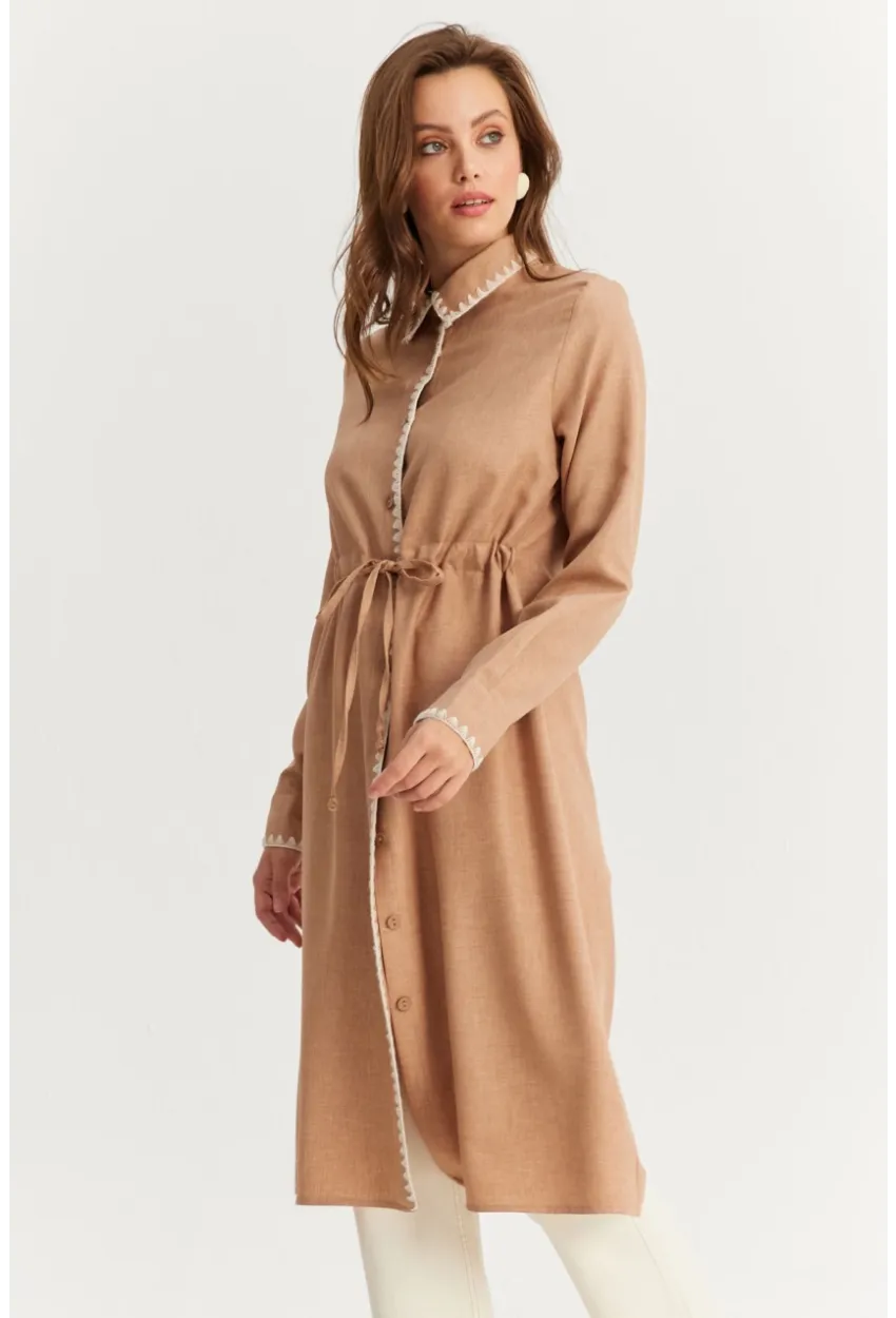 Kadın Camel Garnili Gömlek Midi Elbise MASF10