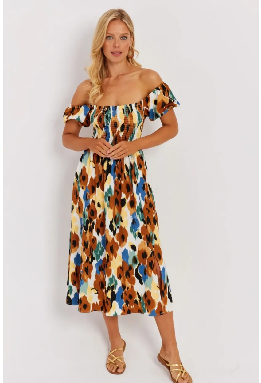 Kadın Camel Gipeli Desenli Midi Elbise MON126