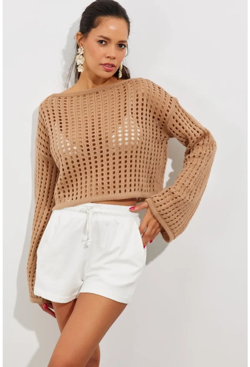 Kadın Camel İspanyol Kol Ajurlu Triko Kısa Bluz SMT181