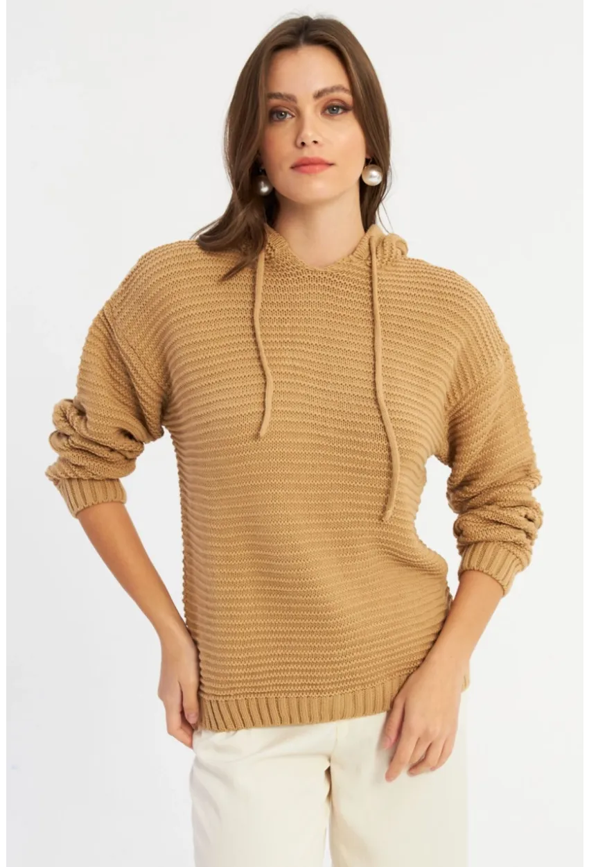 Kadın Camel Kapüşonlu Triko Bluz SMT2419
