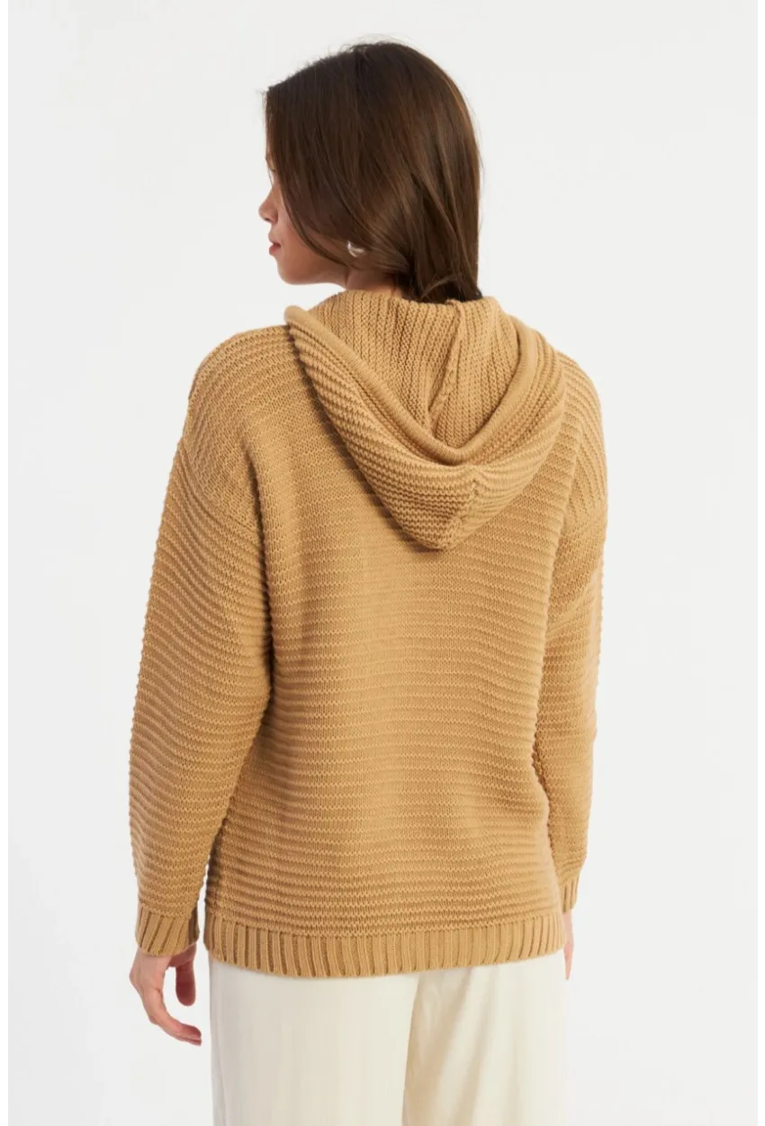 Kadın Camel Kapüşonlu Triko Bluz SMT2419
