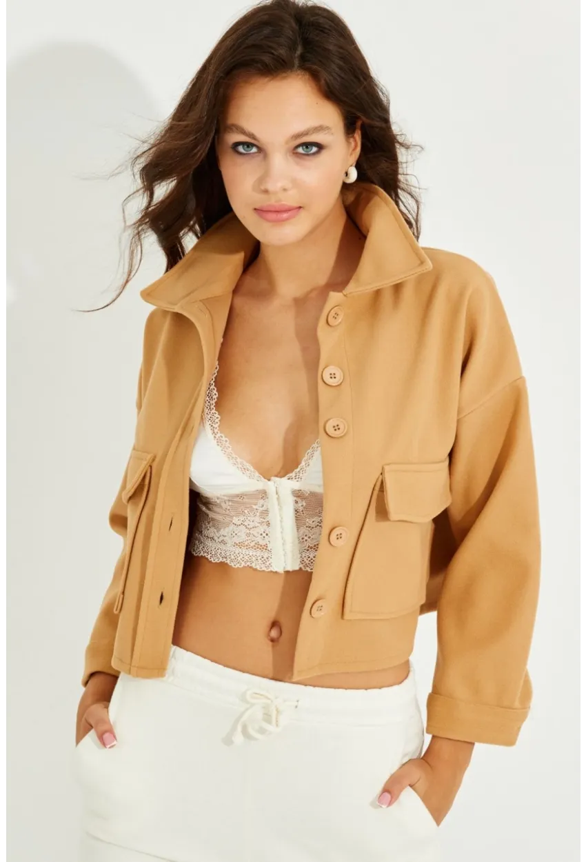 Kadın Camel Kaşe Cepli Kısa Ceket PP2444