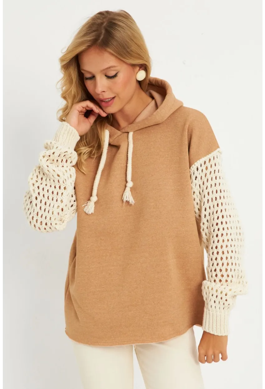 Kadın Camel Kolları Ajurlu Kapüşonlu Sweatshirt YLE12