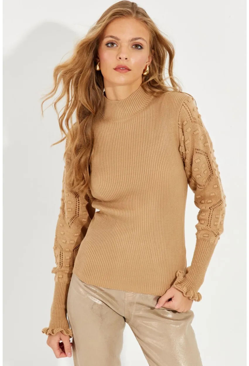 Kadın Camel Kolları Ajurlu Triko Bluz SMT218