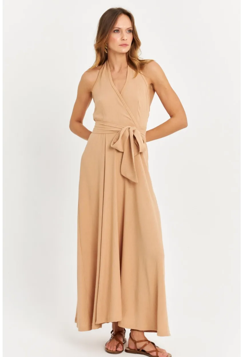 Kadın Camel Kruvaze Bürümcük Maxi Elbise EY3053