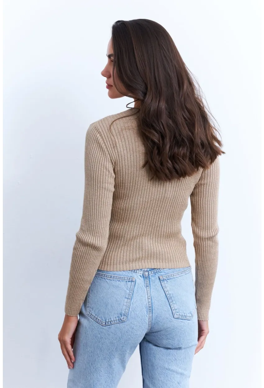 Kadın Camel Kruvaze Büzgülü Simli Bluz KED173