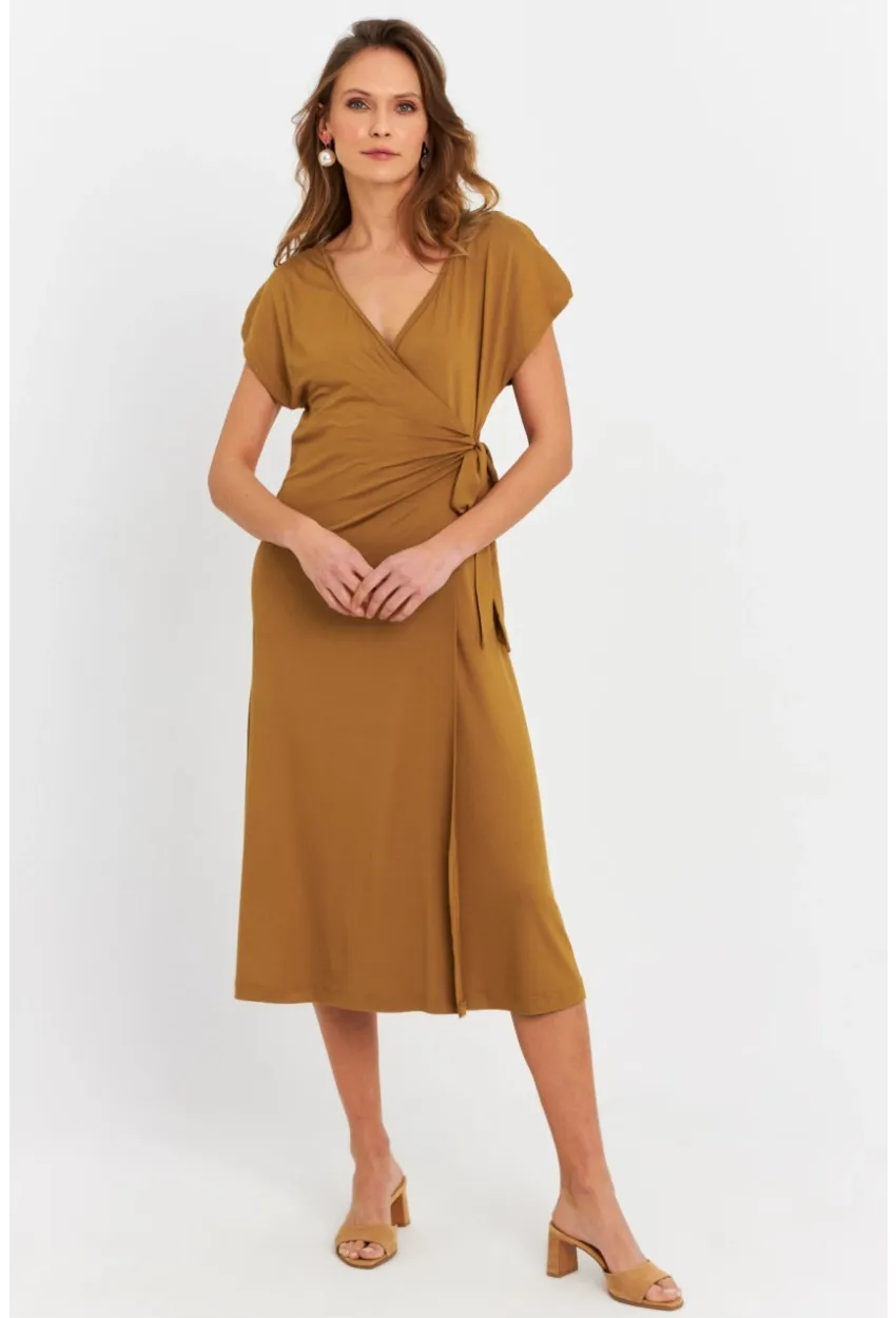Kadın Camel Kruvaze Midi Elbise EY3044
