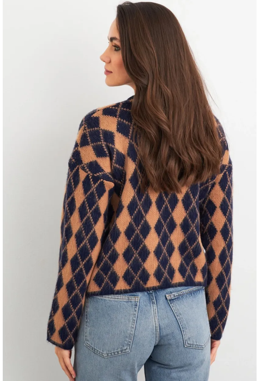 Kadın Camel-Lacivert Düğme Detaylı Hırka ELT12022