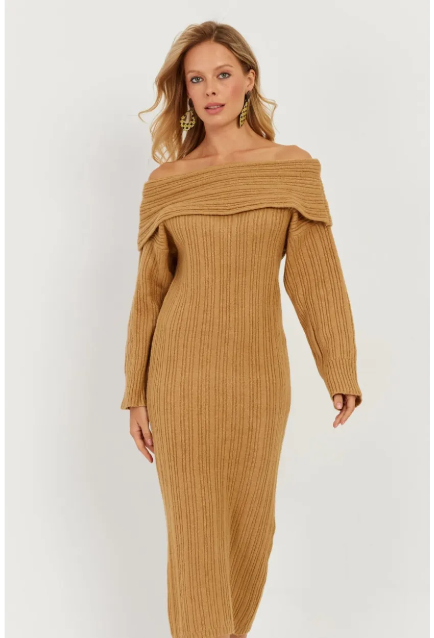 Kadın Camel Madonna Yaka Triko Midi Elbise KZ2503