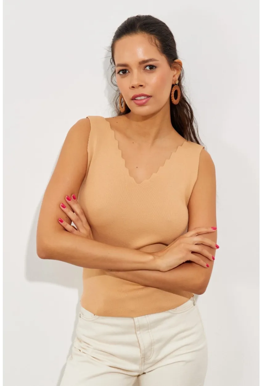 Kadın Camel Merdiven Yaka Triko Bluz YV83