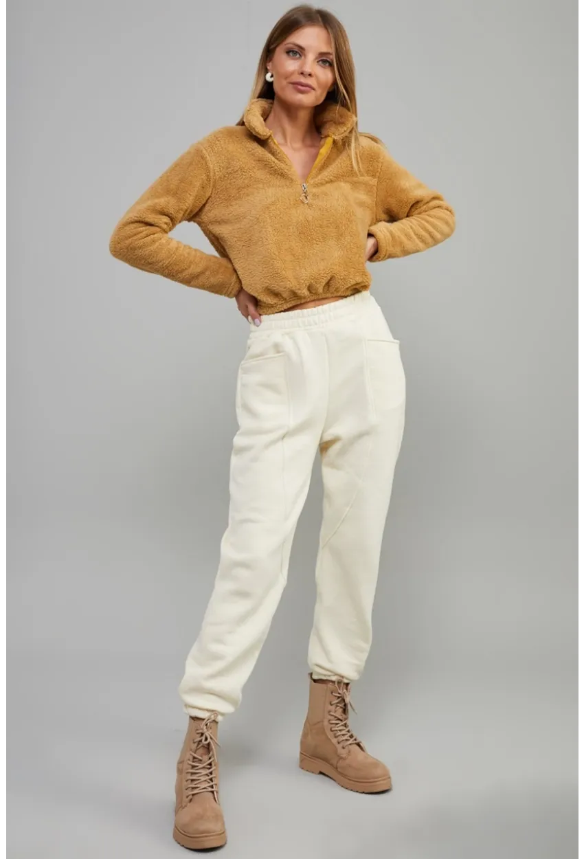 Kadın Camel Önü Fermuarlı Crop Peluş Sweatshirt DA85