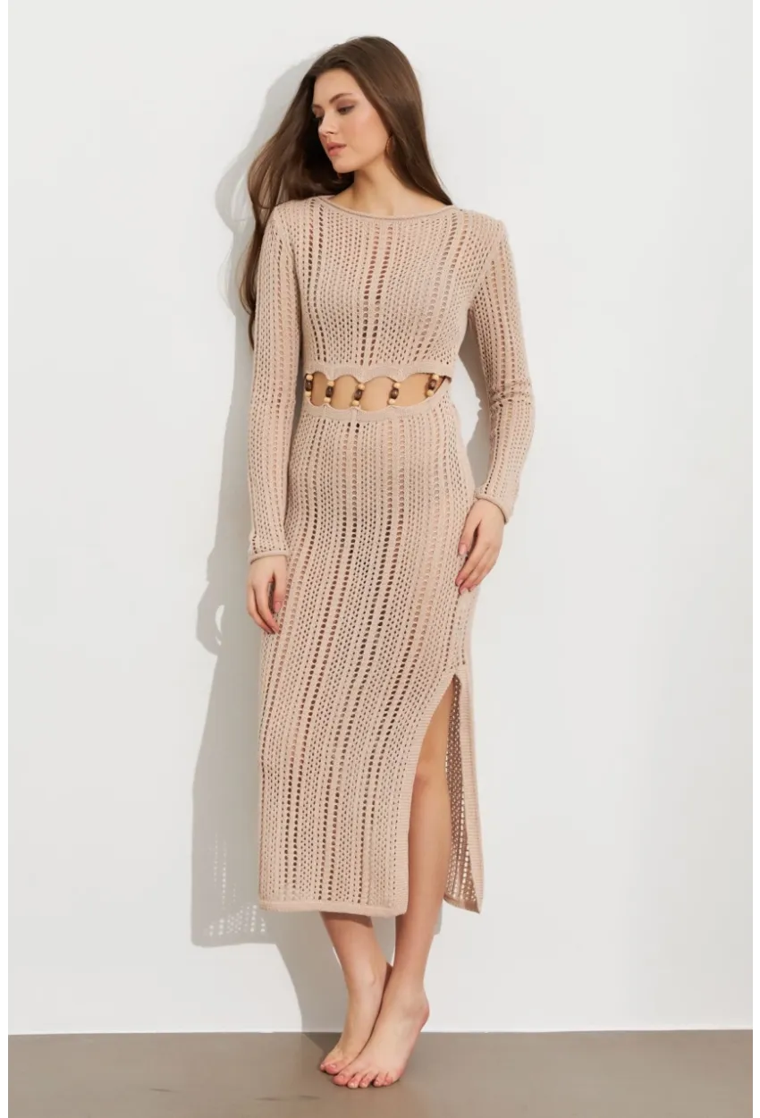 Kadın Camel Önü Pencereli Ajurlu Plaj Elbisesi KZ545