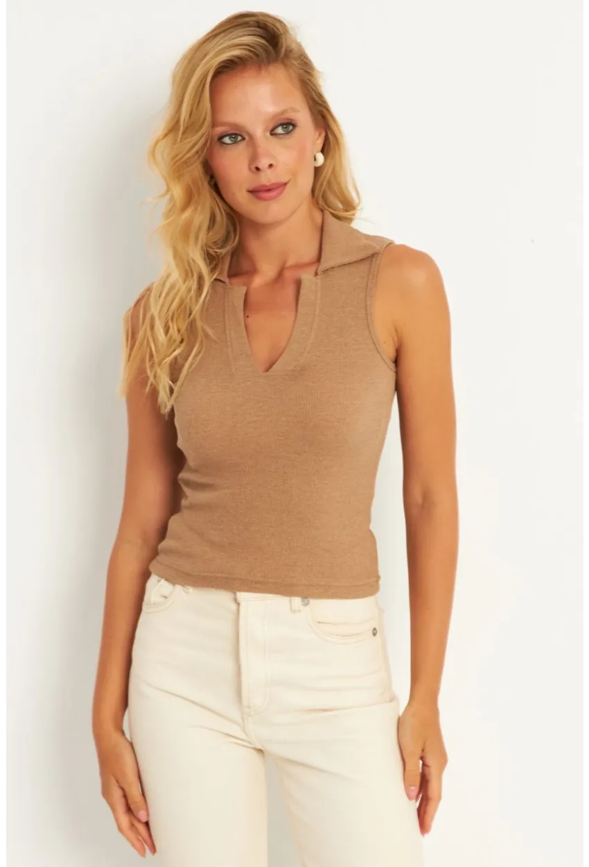 Kadın Camel Polo Yaka Kaşkorse Bluz MK10