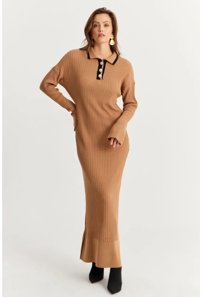 Kadın Camel Polo Yaka Triko Maxi Elbise MNUV17