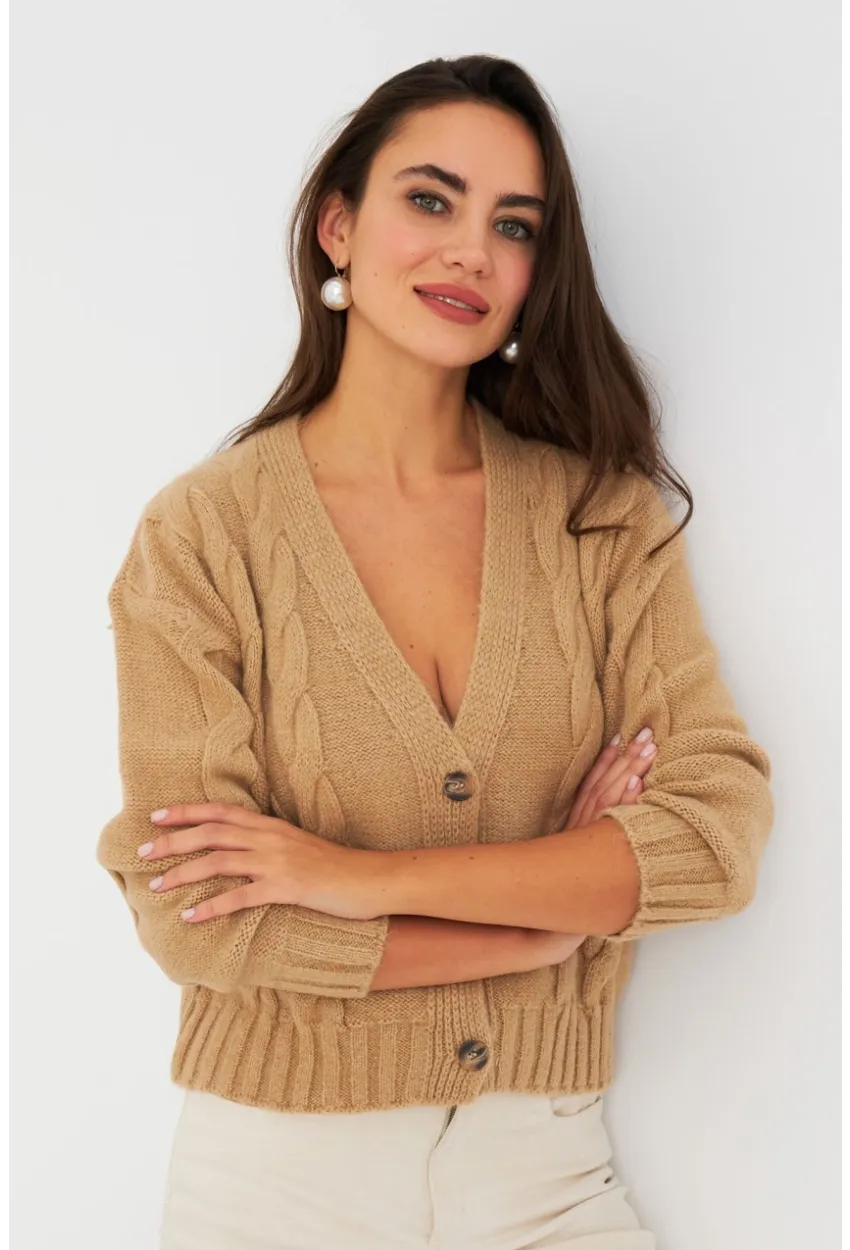 Kadın Camel Saç Örgülü Hırka YV295