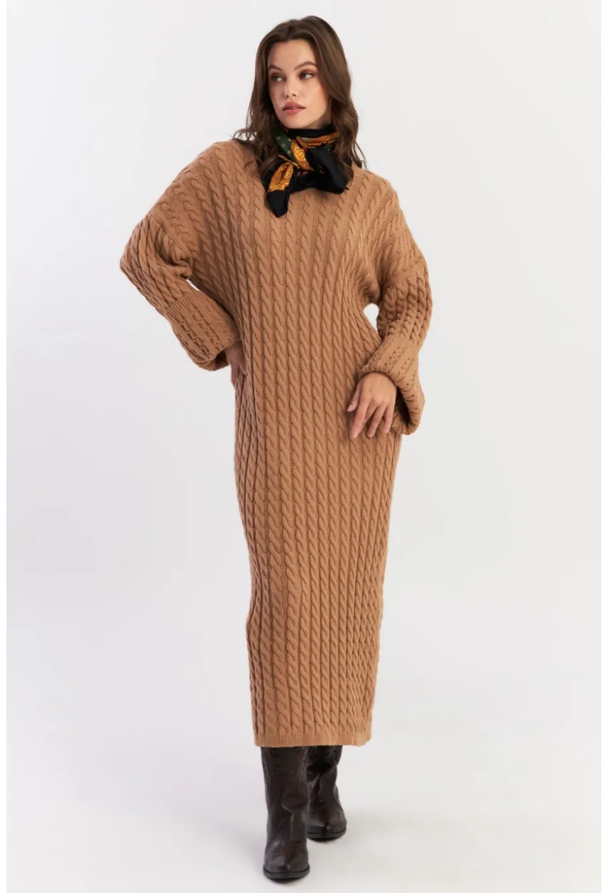 Kadın Camel Saç Örgülü Triko Midi Elbise KZ541