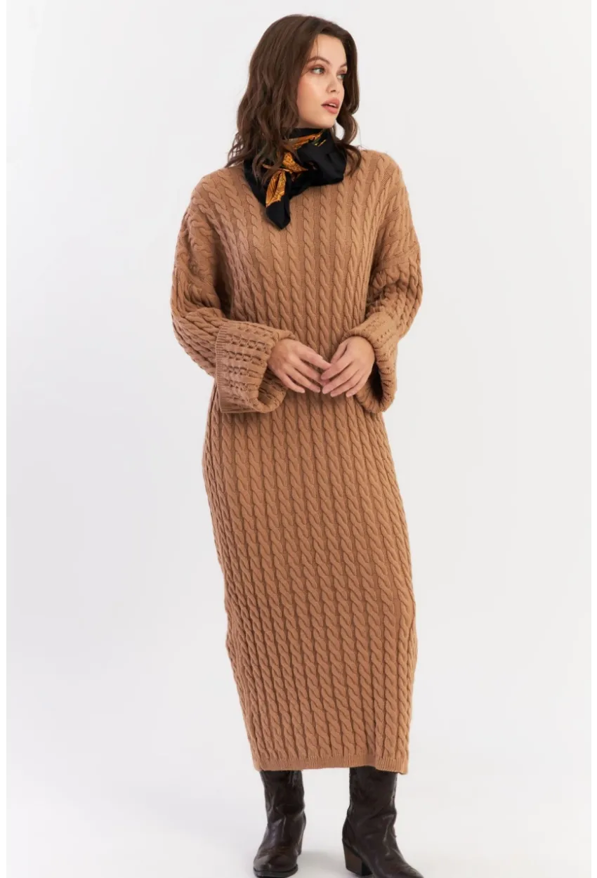 Kadın Camel Saç Örgülü Triko Midi Elbise KZ541