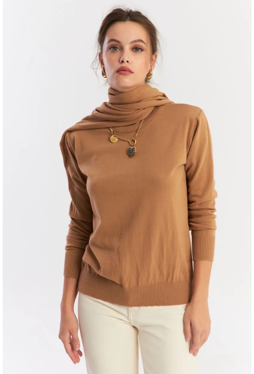 Kadın Camel Şal Aksesuarlı Triko Bluz YV286