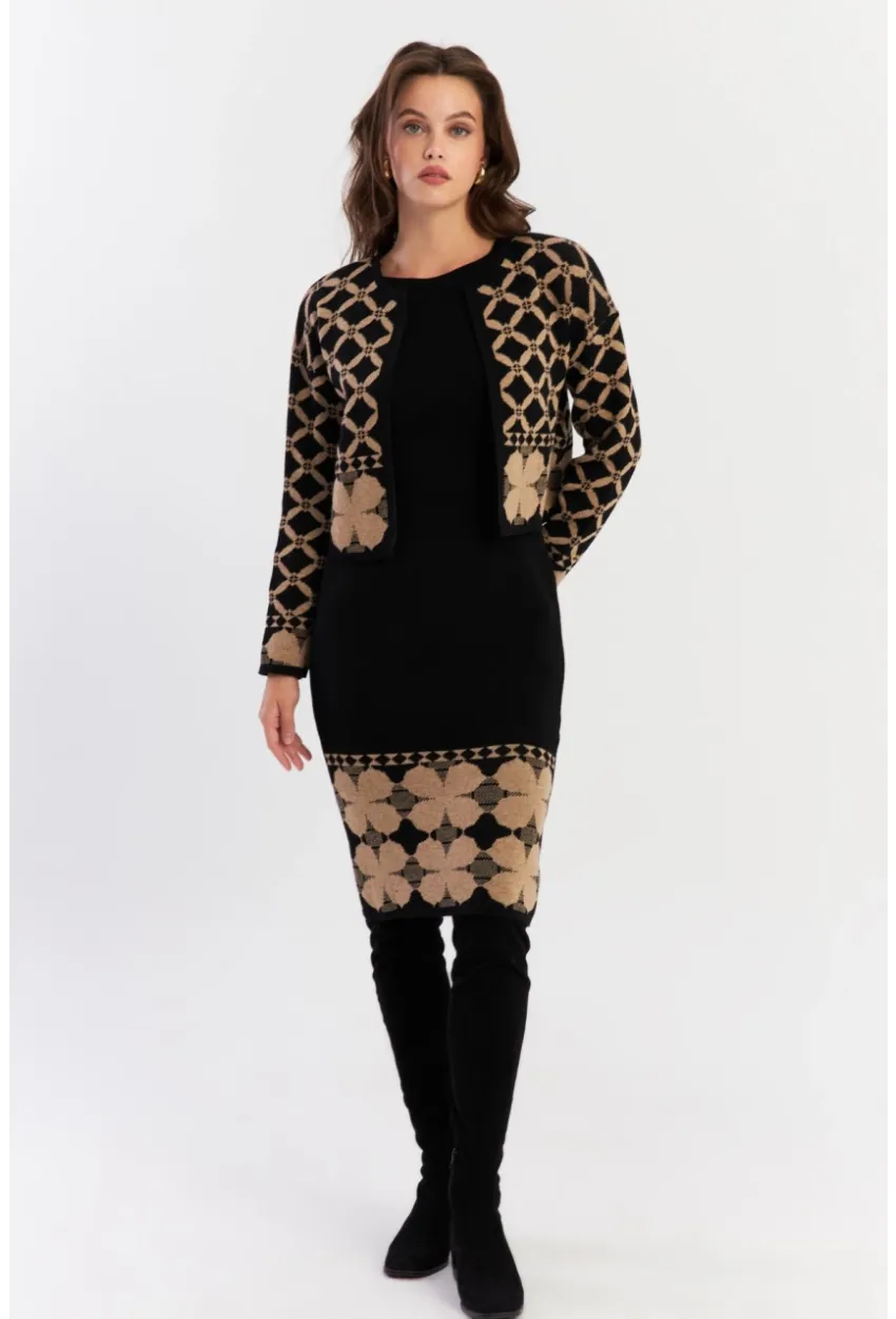 Kadın Camel-Siyah Alt Üst Triko Desenli Takım NUV2028