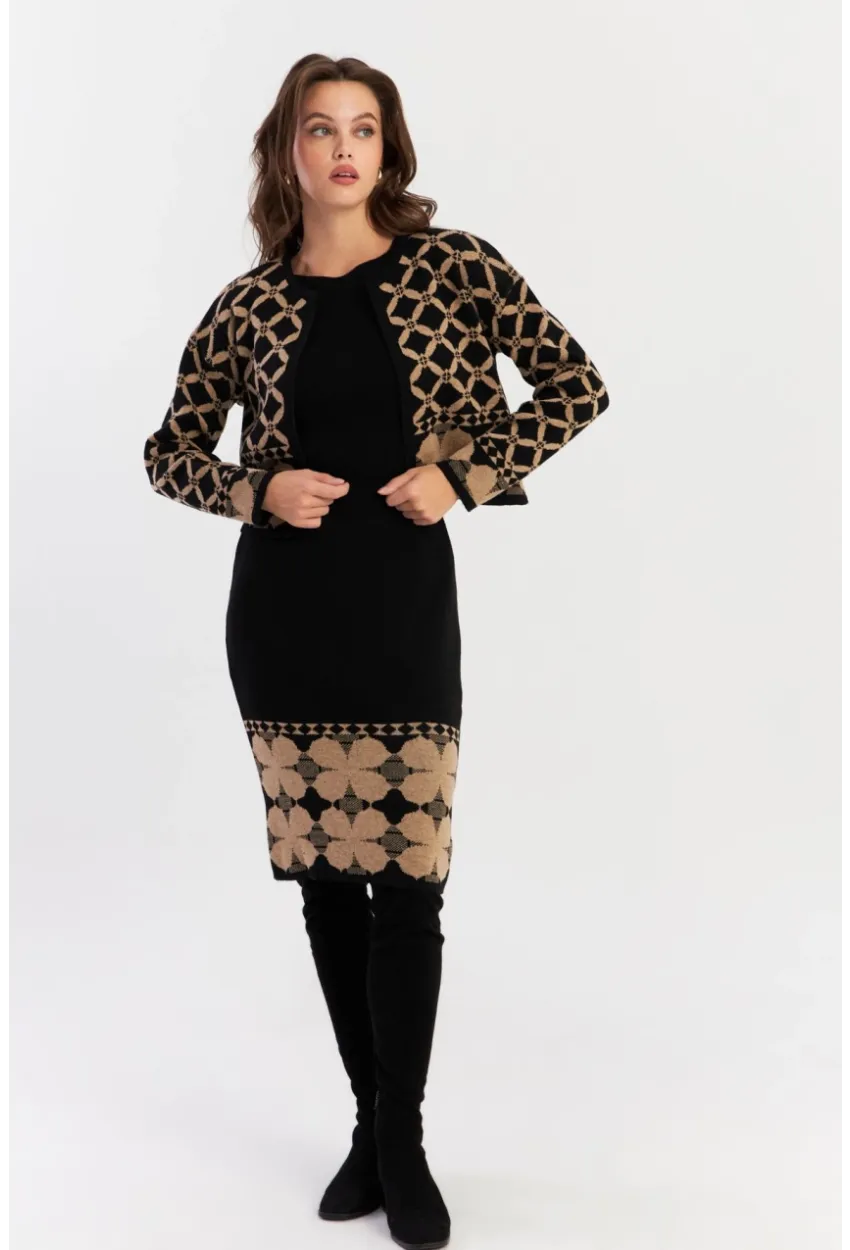 Kadın Camel-Siyah Alt Üst Triko Desenli Takım NUV2028