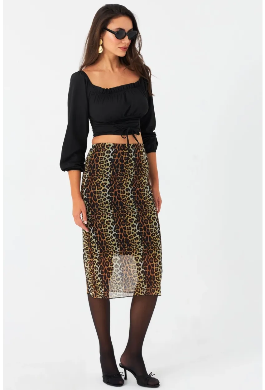 Kadın Camel-Siyah Astarlı Desenli Tül Etek CG391