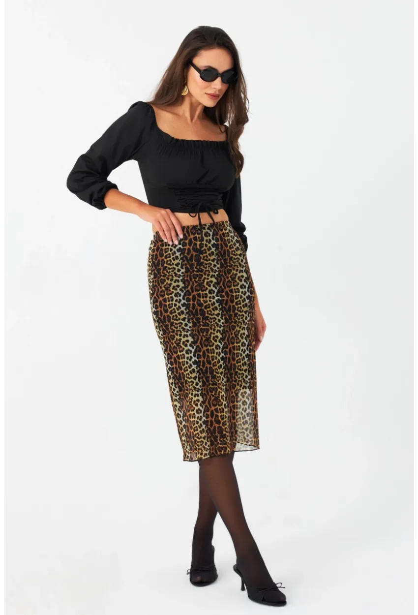 Kadın Camel-Siyah Astarlı Desenli Tül Etek CG391