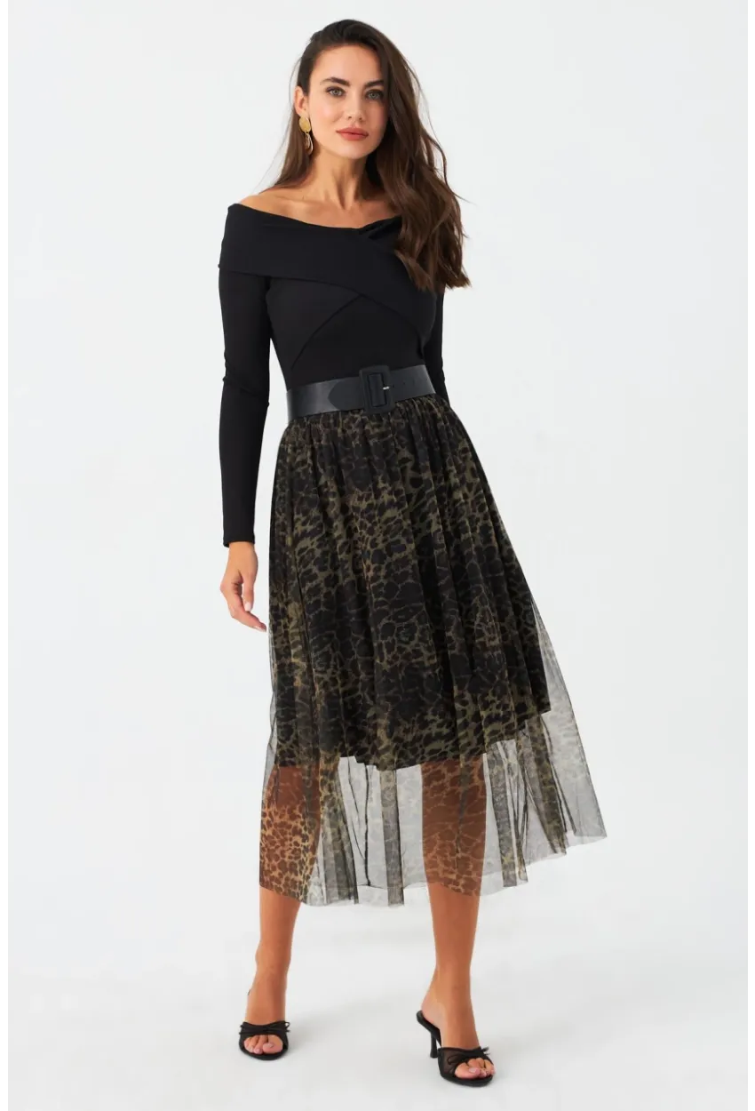 Kadın Camel-Siyah Astarlı Tül Leopar Etek SF2553