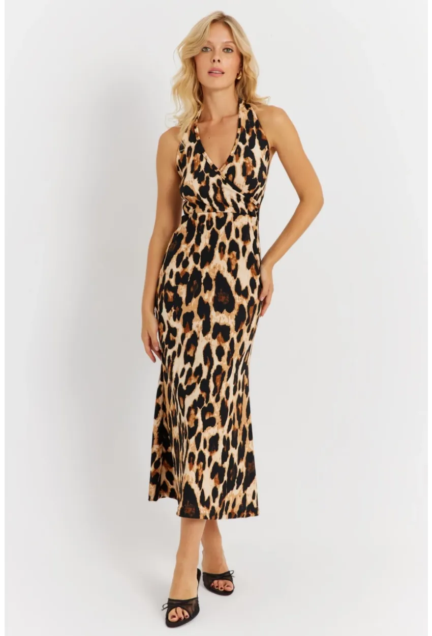 Kadın Camel-Siyah Boyun Bağlamalı Leopar Desenli Midi Elbise EY2897