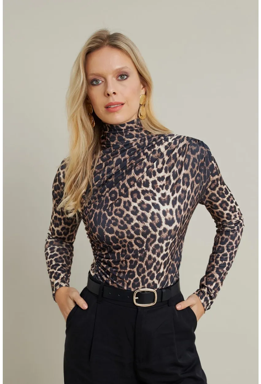 Kadın Camel-Siyah Büzgülü Desenli Bluz MDMR358-1