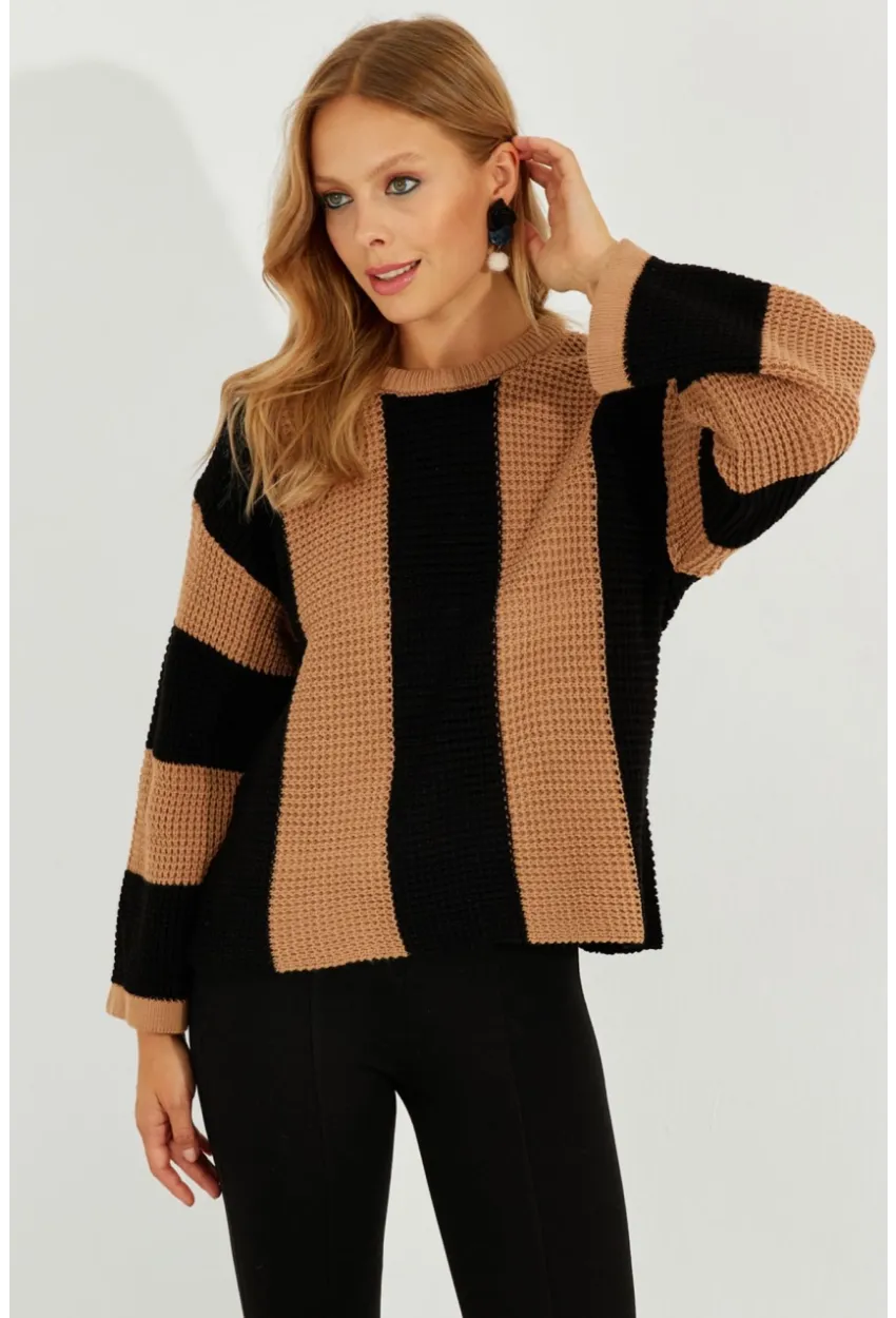 Kadın Camel-Siyah Çizgili Triko Kazak SF2507